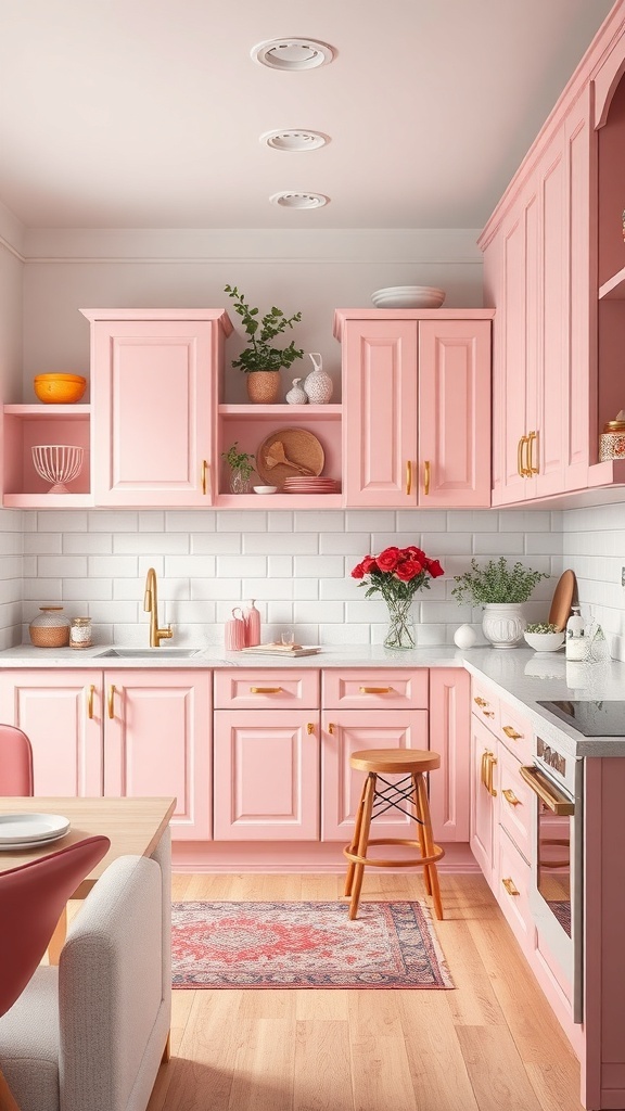 A cozy kitchen featuring bright pink cabinets, gold hardware, and stylish decor, showcasing a blend of modern and vintage elements.