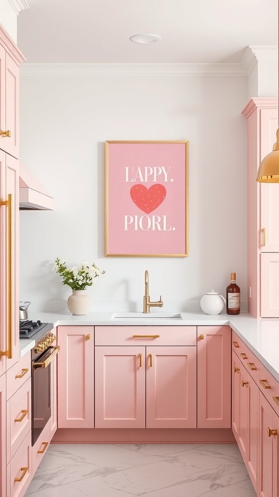 A cozy pink kitchen featuring playful artwork with a cheerful message.