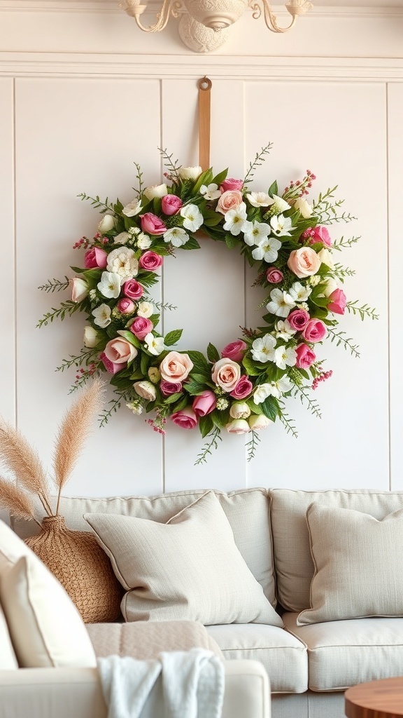 A floral wreath with pink roses and white flowers hanging on a wall above a beige couch.