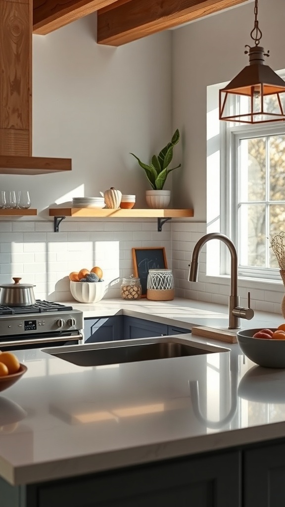 A modern kitchen featuring integrated technology, open shelving, and natural decor elements.