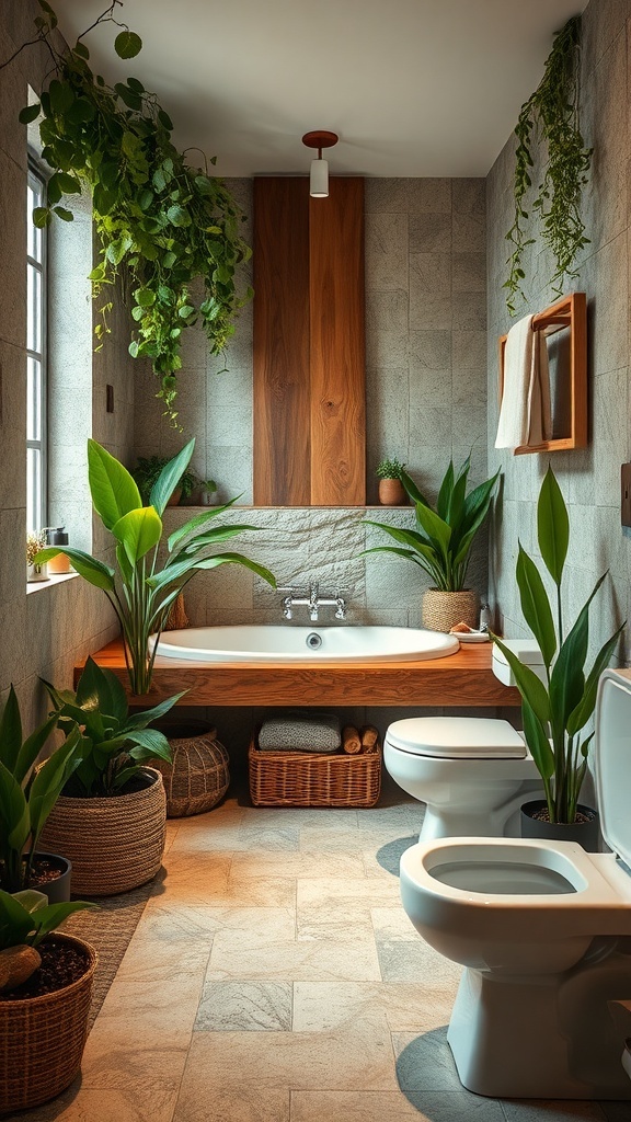 Aesthetic bathroom with plants, wooden accents, and stone tiles.