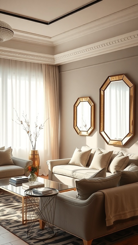 Living room featuring two metallic framed mirrors on the wall, with a cozy sofa and stylish decor.
