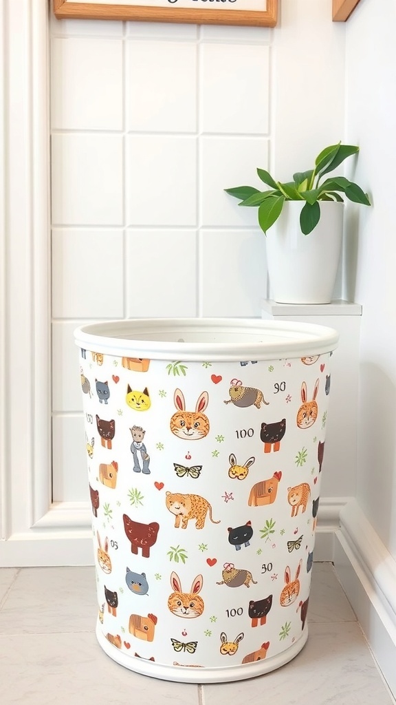 A cute waste basket with animal illustrations in a bathroom setting.