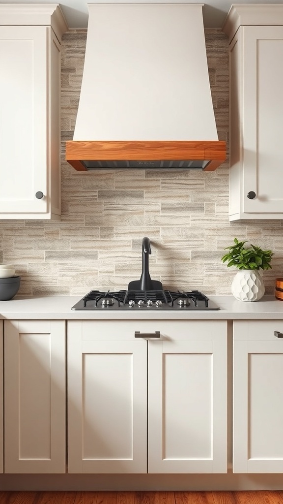 A modern kitchen with a neutral tone backsplash, white cabinets, and a wooden range hood.