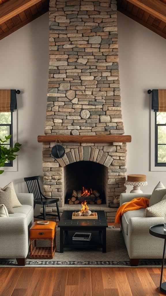Cozy living room featuring a stone fireplace, comfortable seating, and warm decor.