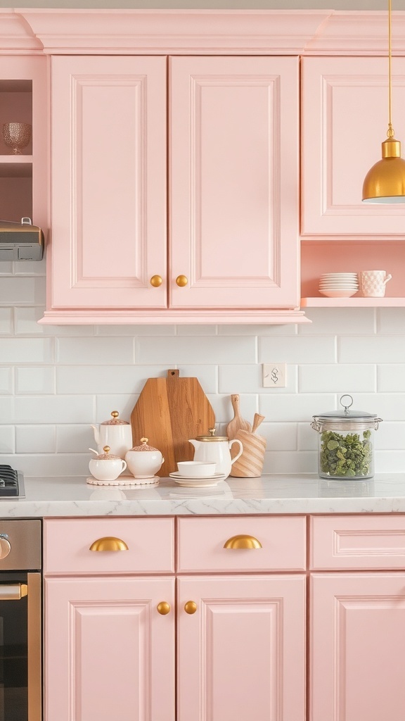 A cozy pink kitchen featuring pink cabinets, gold accents, and charming kitchen accessories.