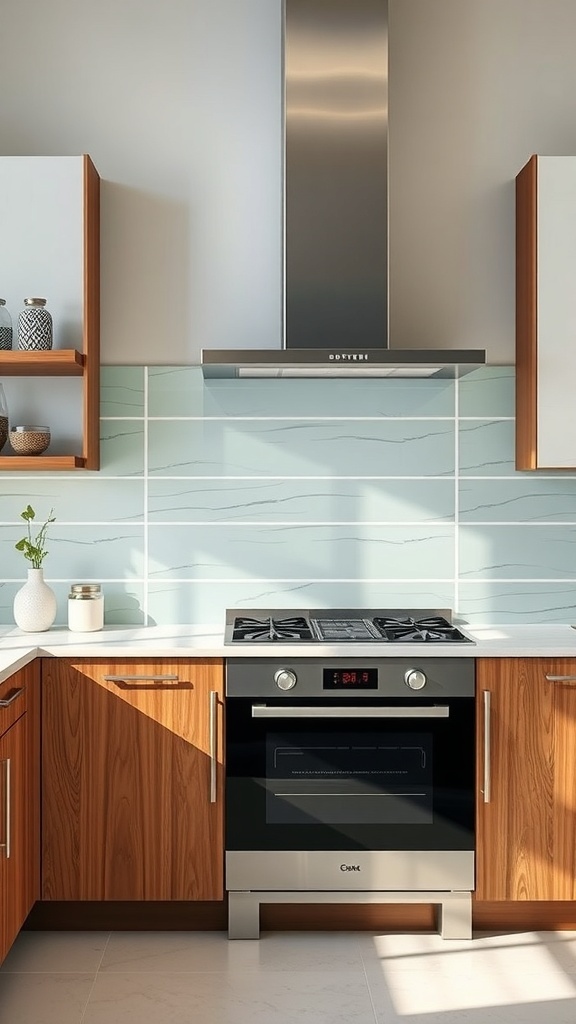 Modern kitchen with sleek glass panel backsplash in soft blue tones, warm wood cabinets, and stainless steel appliances.