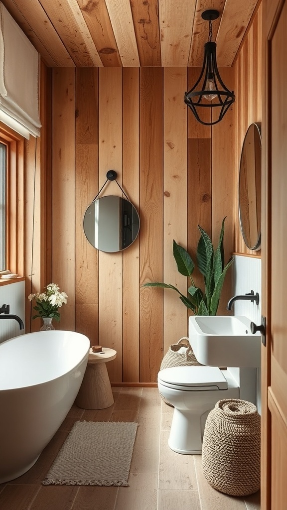 A cozy bathroom featuring natural wood accents, a freestanding bathtub, and plants.