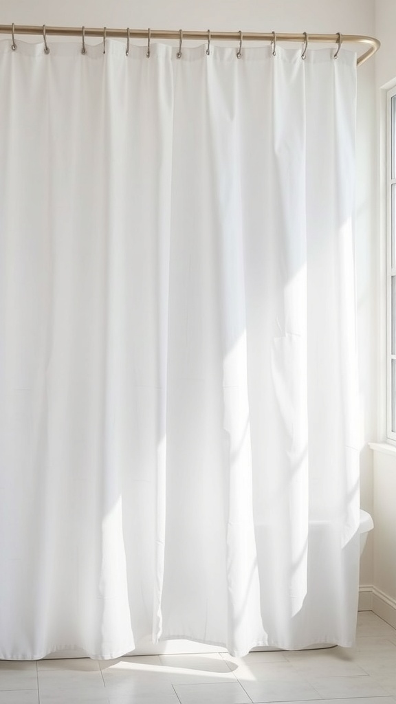 A bright and airy white shower curtain hanging in a bathroom, allowing light to filter through.