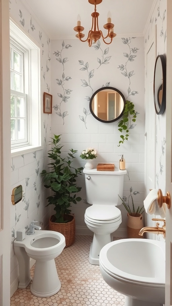A small bathroom featuring floral wallpaper, a round mirror, a plant, and a stylish light fixture.
