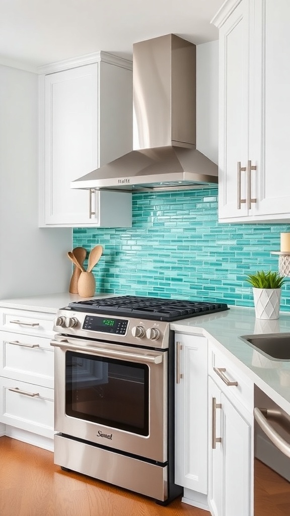 Mint green mosaic backsplash in a modern kitchen with white cabinets and stainless steel appliances.