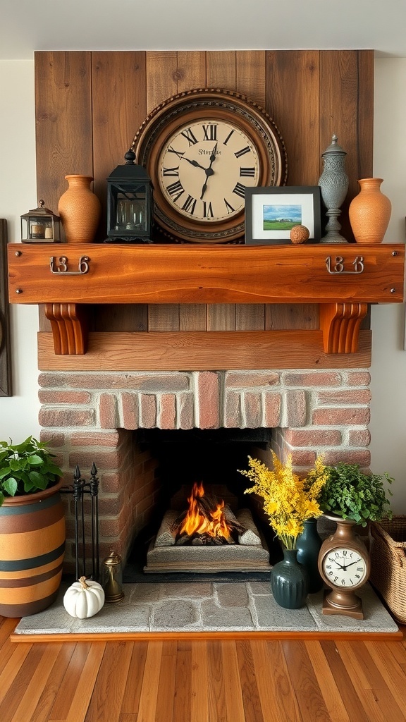 A rustic farmhouse fireplace with a wooden mantel, decorative items, and a warm fire.