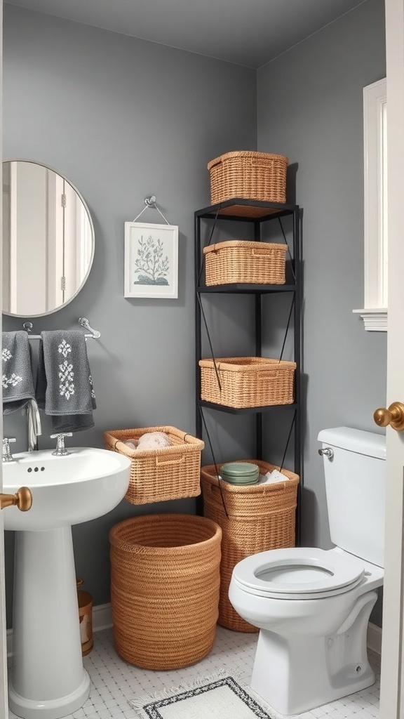 A stylish bathroom with gray walls, a black shelving unit holding woven baskets, a round mirror, and a white sink.