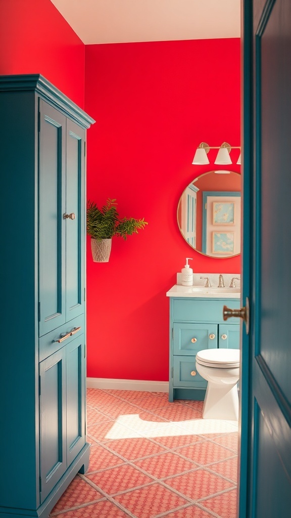 A colorful bathroom featuring blue cabinets and a red wall.