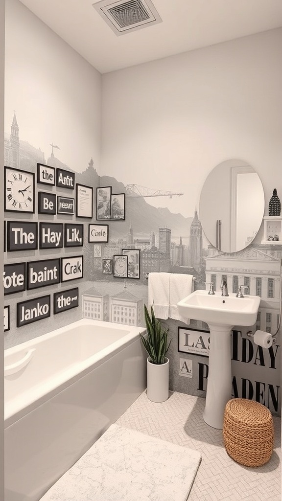 Stylish bathroom with a city skyline mural and framed pictures on the wall.