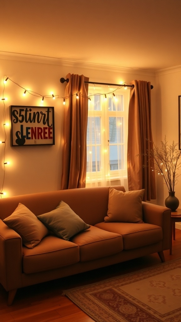 Cozy living room with string lights above a couch, creating a warm and inviting atmosphere.
