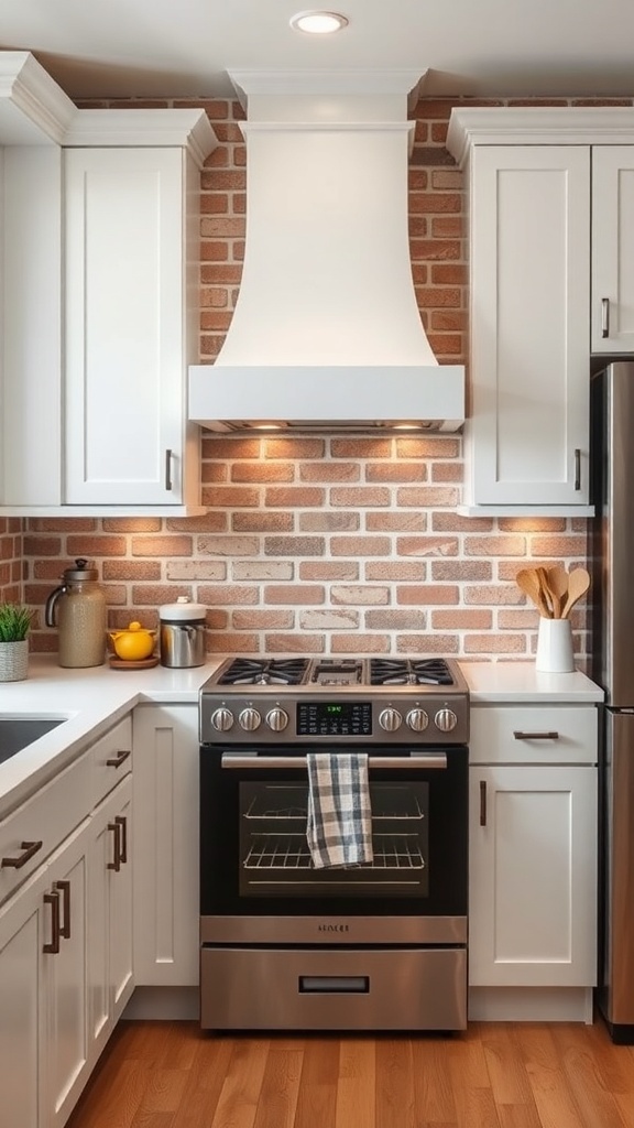 Minimalist kitchen with a brick backsplash and white cabinets