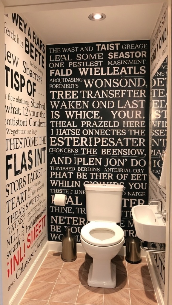 A bathroom with walls covered in bold text, showcasing creative wall treatment.