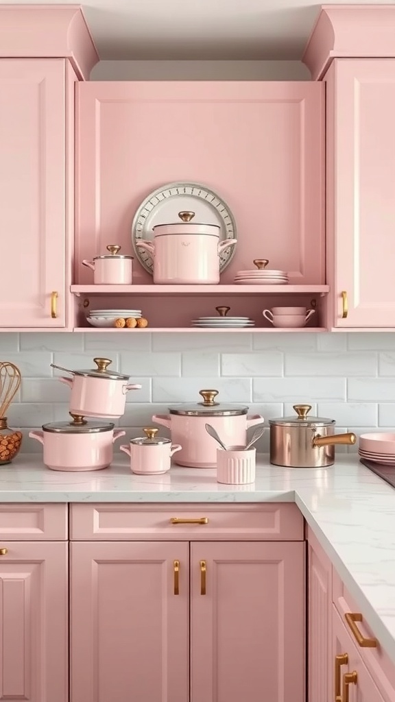 A charming pink cookware collection displayed in a modern kitchen with pink cabinets and gold accents.