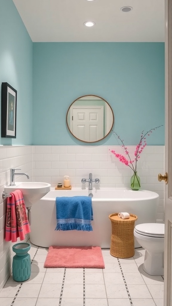 A serene bathroom with light blue walls, colorful towels, and a vase of pink flowers.