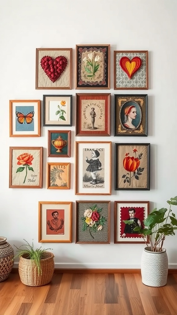 A gallery wall featuring framed fabric art, including heart shapes, flowers, and vintage portraits.
