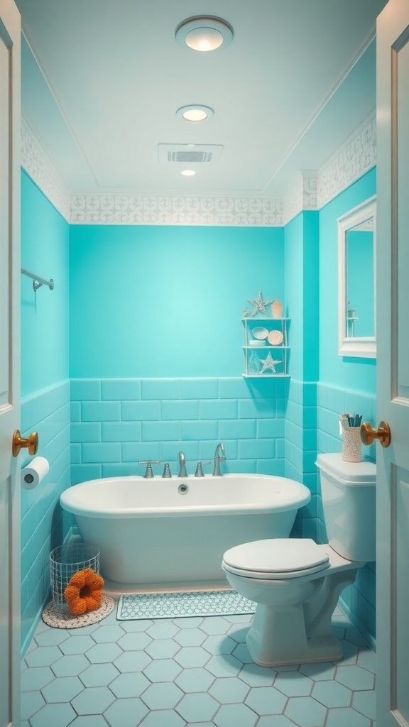 A bright turquoise bathroom featuring a modern bathtub, toilet, and decorative coastal elements.