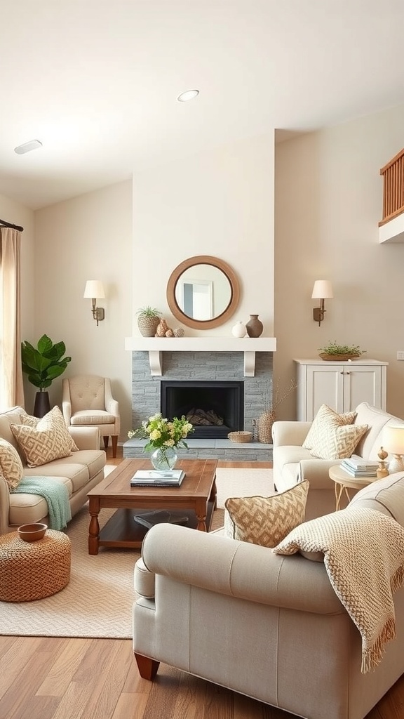 A cozy farmhouse family room featuring neutral color palettes with beige sofas, a wooden coffee table, and a fireplace.
