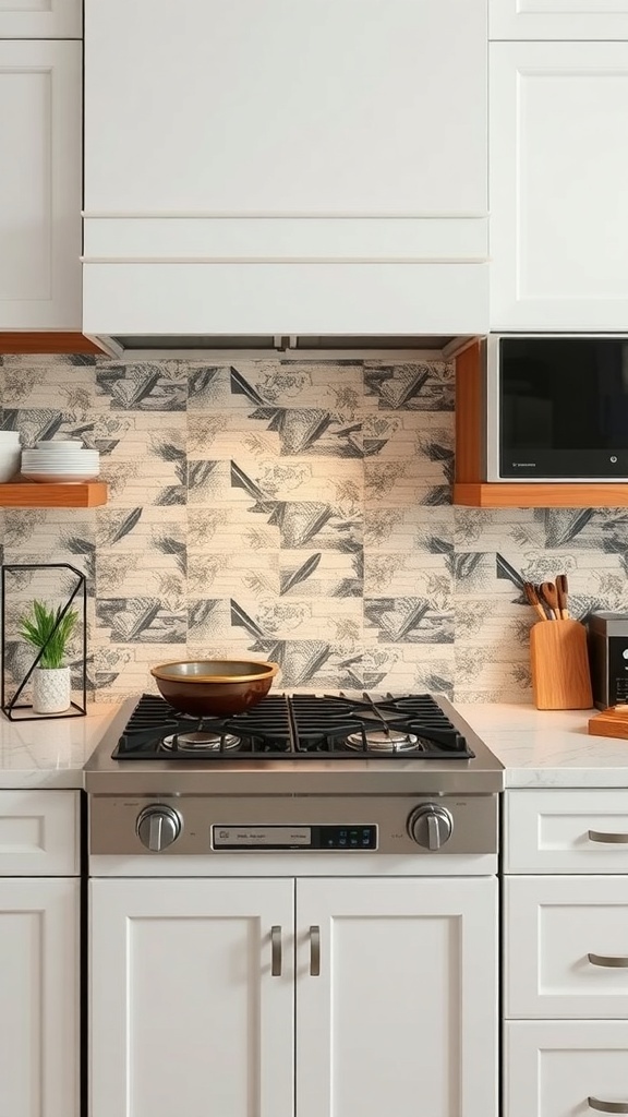Custom artwork backsplash in a modern kitchen with white cabinets