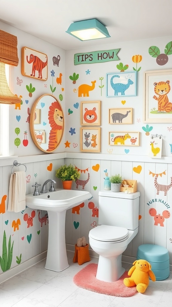 A colorful kids bathroom decorated with whimsical animal illustrations on the walls, featuring a sink, toilet, and playful decor.