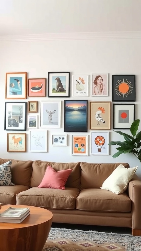 A stylish gallery wall featuring various framed artworks above a cozy couch.