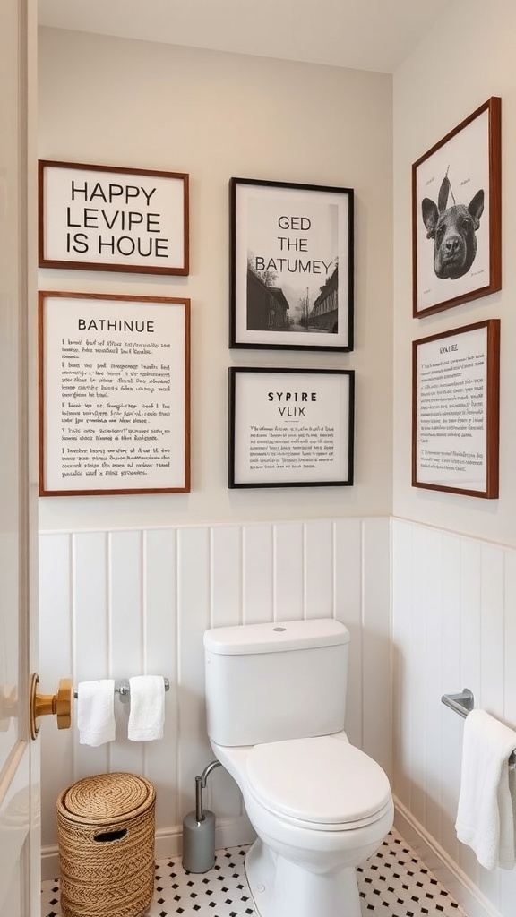 A bathroom wall decorated with framed art prints, including playful phrases and black-and-white images.