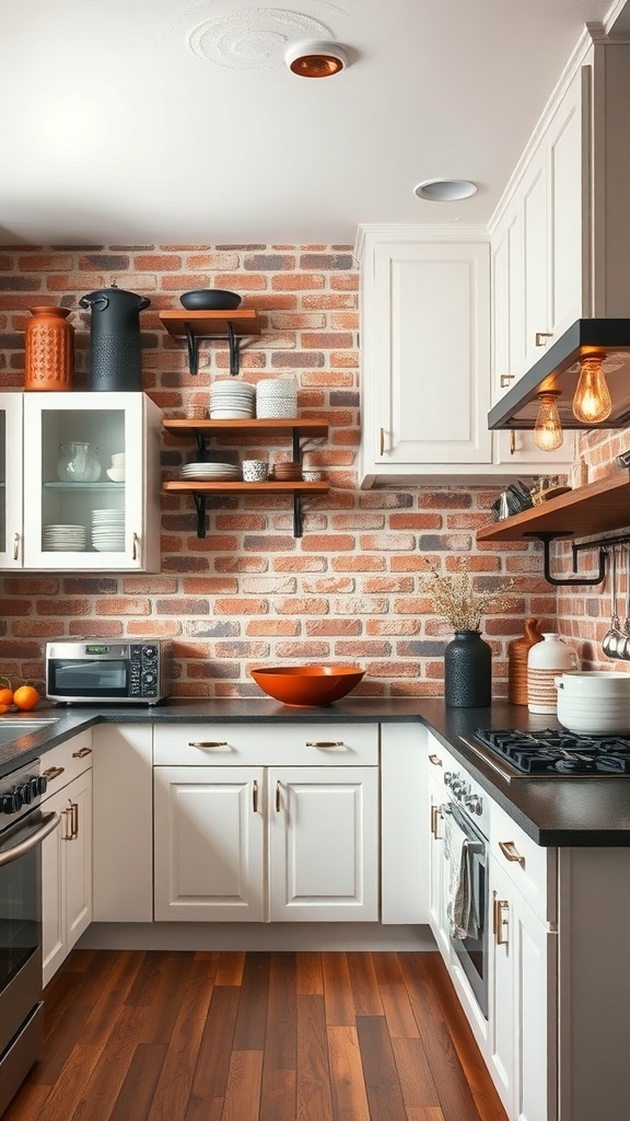 A stylish kitchen featuring an exposed brick backsplash, white cabinets, and modern accents.