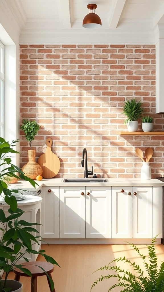 Stylish kitchen with a brick backsplash, white cabinets, and wood accents