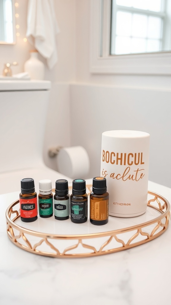 A gold tray with essential oils and a diffuser in a bathroom setting.