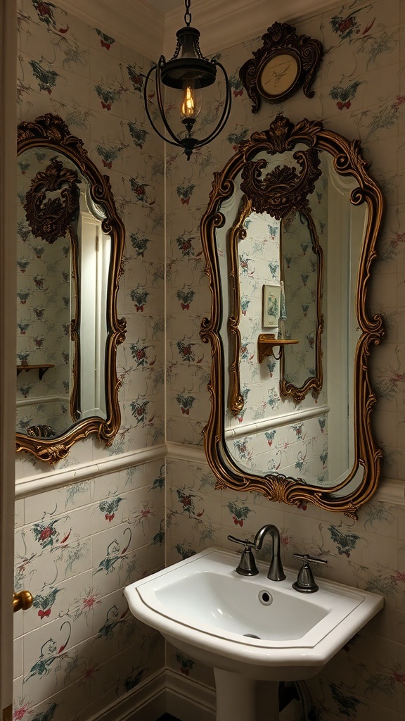 A vintage bathroom featuring ornate mirrors and floral wallpaper.