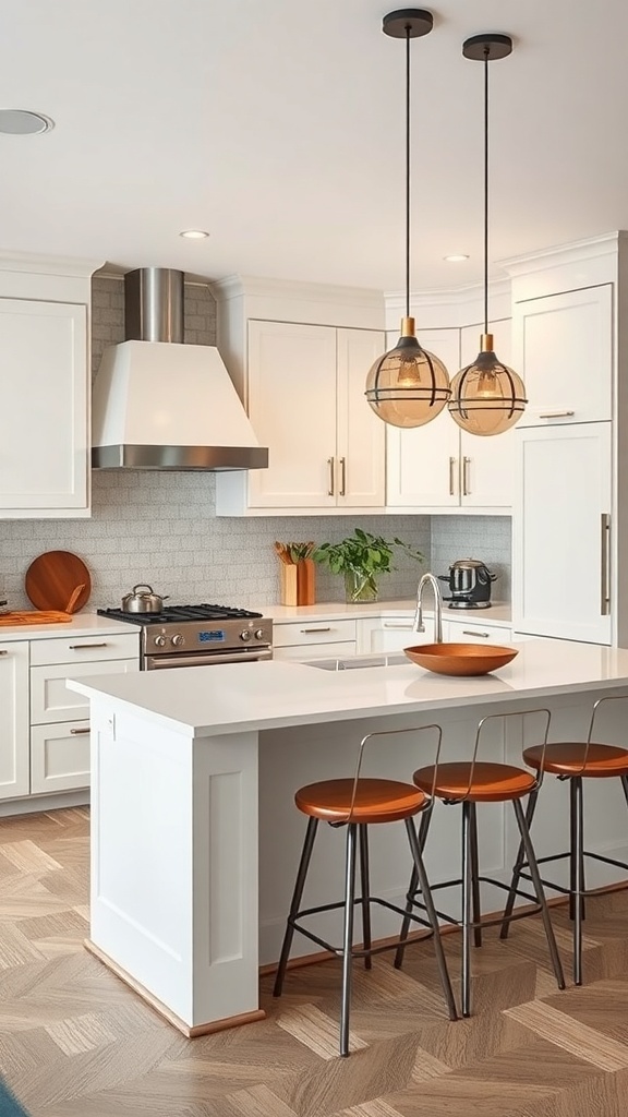 A modern kitchen with a chic breakfast bar featuring white cabinetry and wooden bar stools.