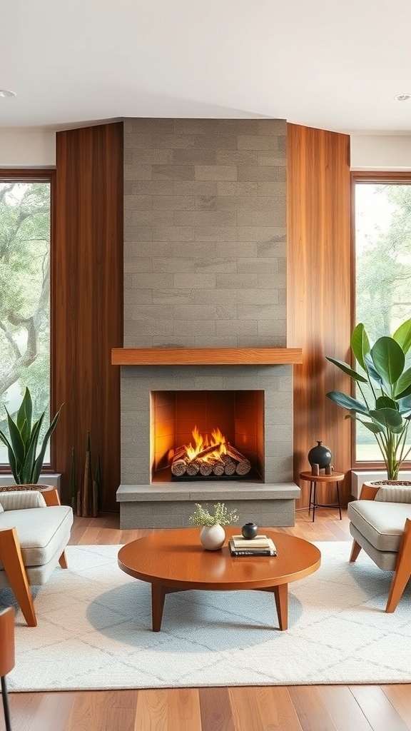 Mid-century modern fireplace with a stone facade and wooden accents, surrounded by cozy seating and plants.