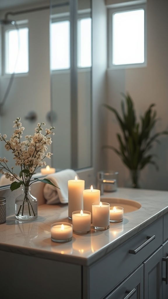 A bathroom countertop with several lit scented candles, a small vase of flowers, and neatly arranged towels.