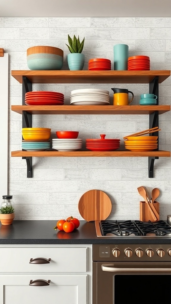Textured shiplap kitchen backsplash with open shelving displaying colorful dishware