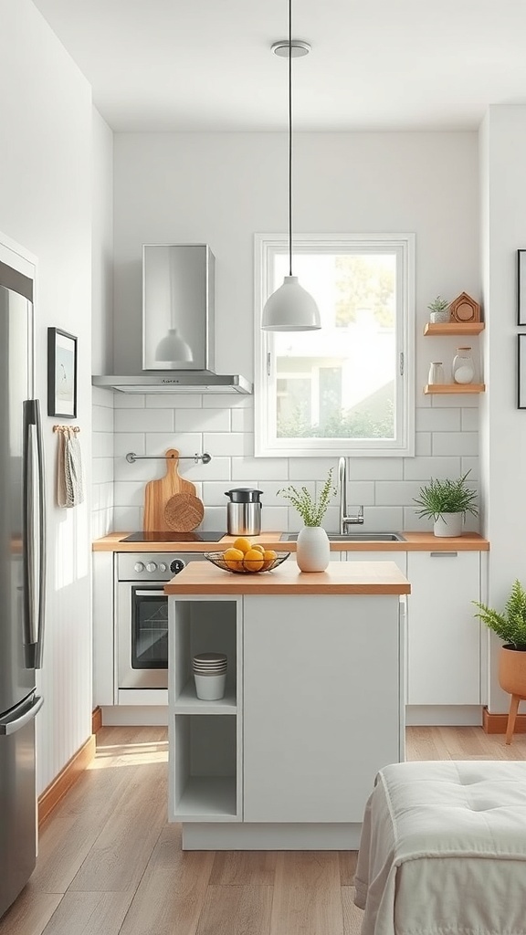 A bright and modern small kitchen featuring a compact kitchen island with open shelving, light color palette, and natural light.
