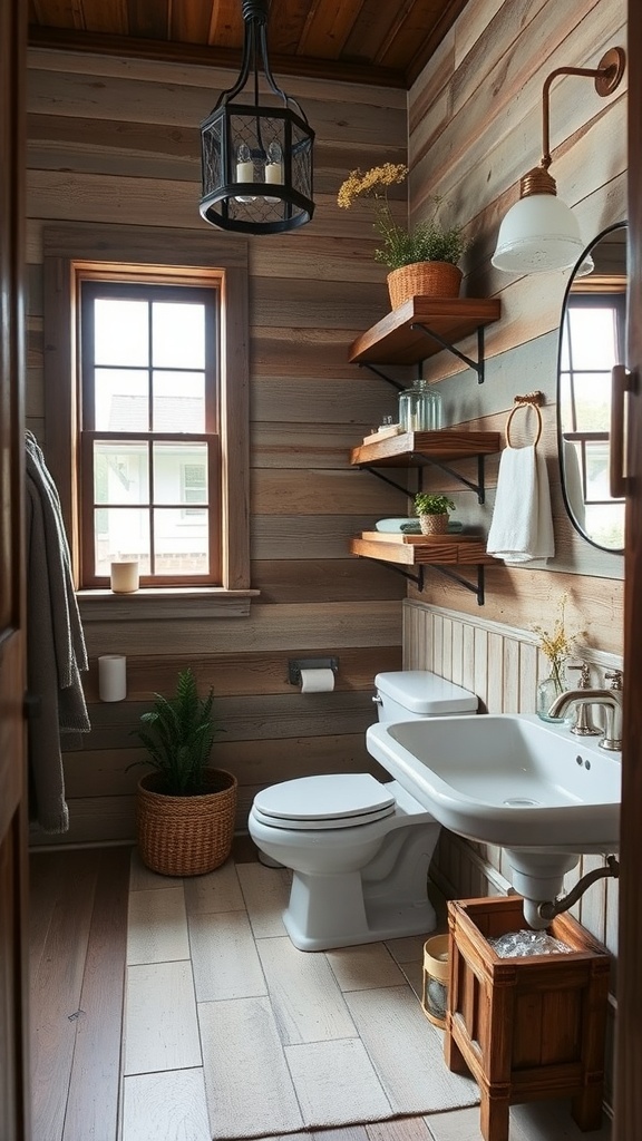 A rustic bathroom featuring reclaimed wood elements, open shelves, and warm lighting.