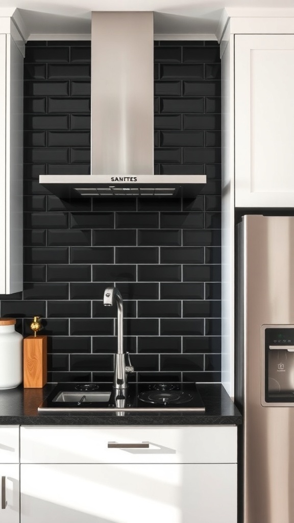 A modern kitchen featuring matte black subway tiles as a backsplash with white cabinets and a black countertop.