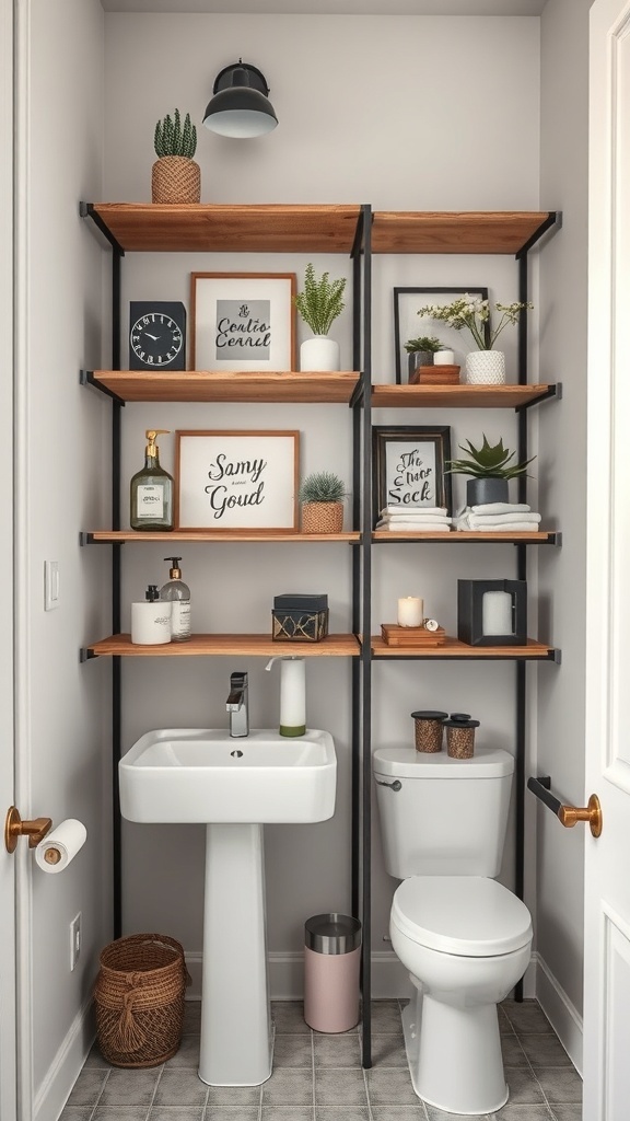 Open shelving unit in a bathroom displaying plants, decor, and toiletries