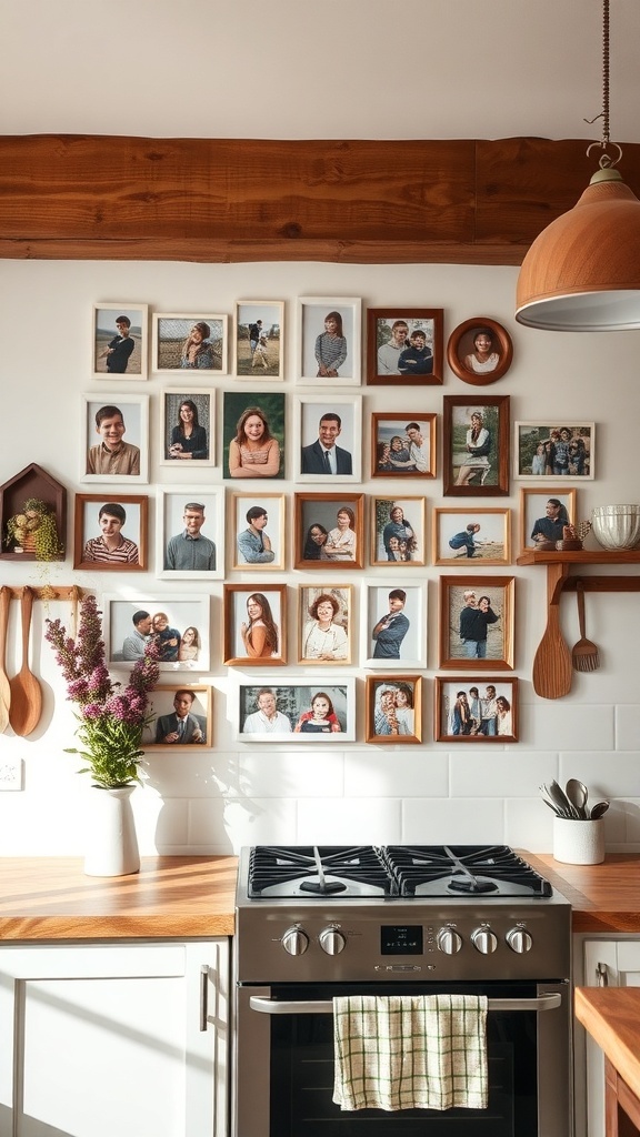 A wall display of family photos in various frames above a kitchen counter.