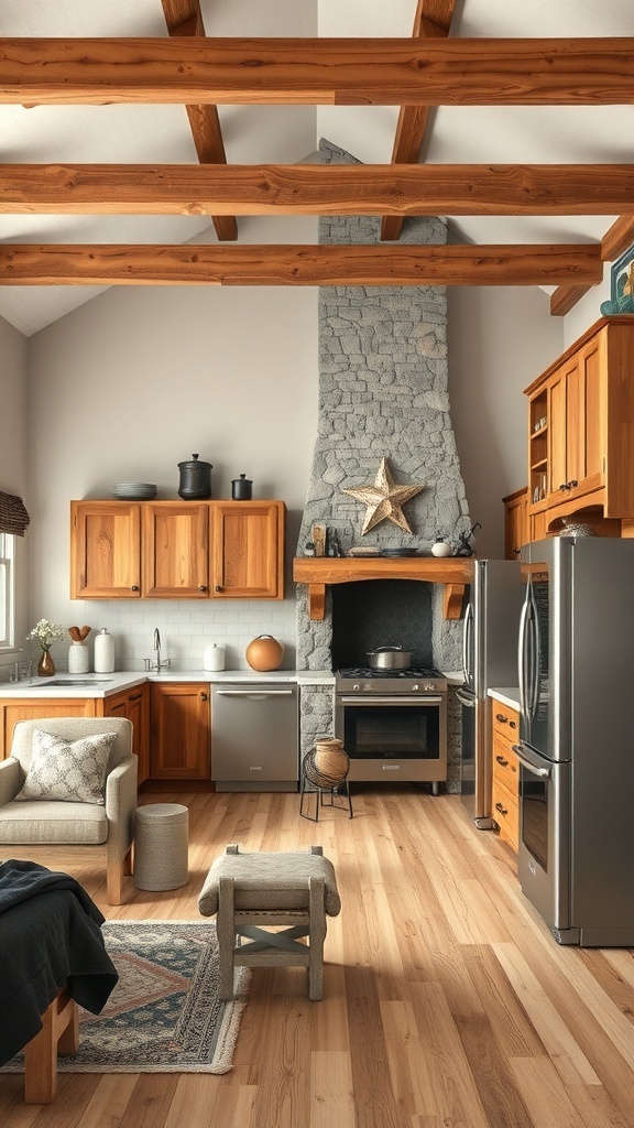 Stylish rustic kitchen with modern appliances and cozy living area