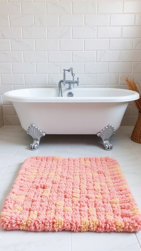 A fluffy pink and yellow bath mat in front of a white bathtub.