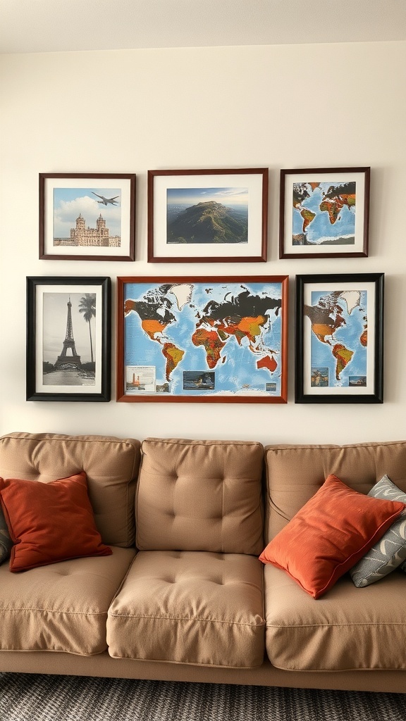 A cozy couch with colorful pillows and a gallery wall of framed travel photos and maps above it.