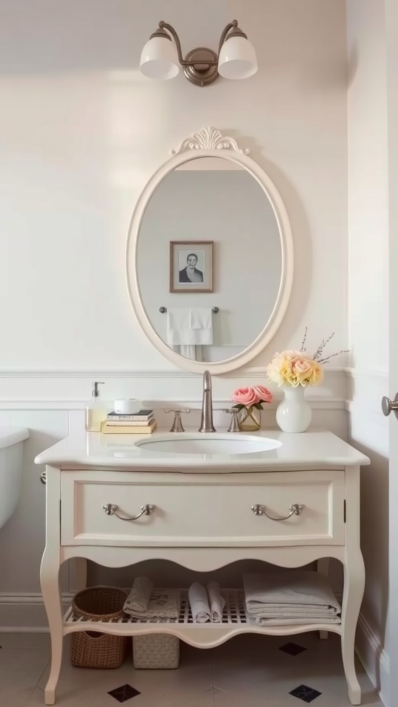 A vintage-inspired bathroom vanity with an oval mirror, fresh flowers, and neatly arranged towels.
