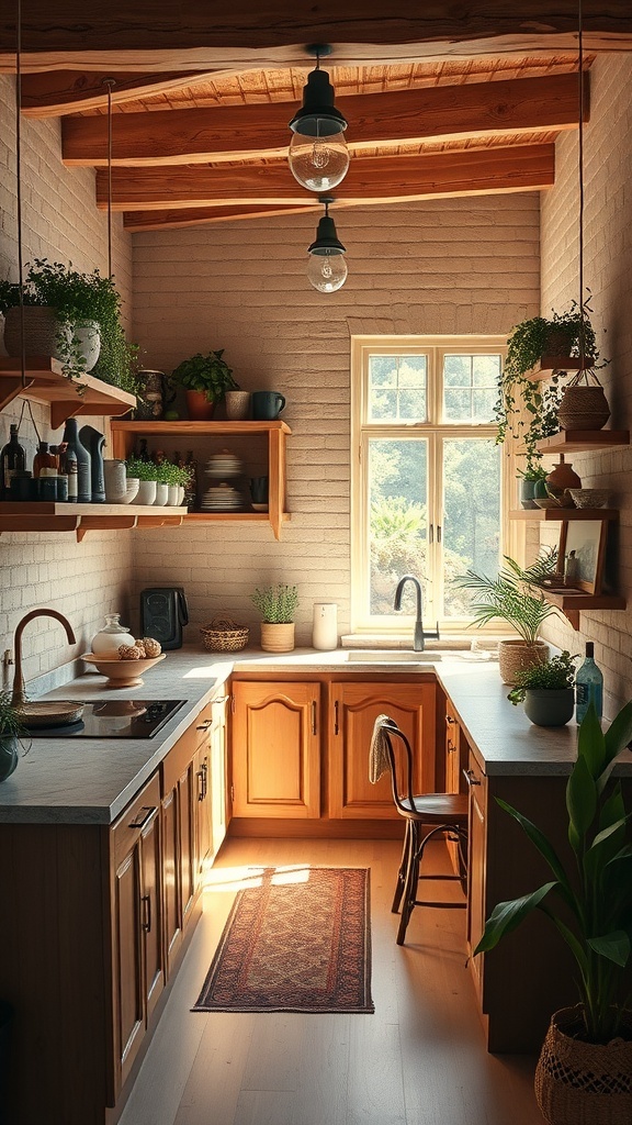 A cozy boho kitchen with wooden cabinets, plants, and natural light.