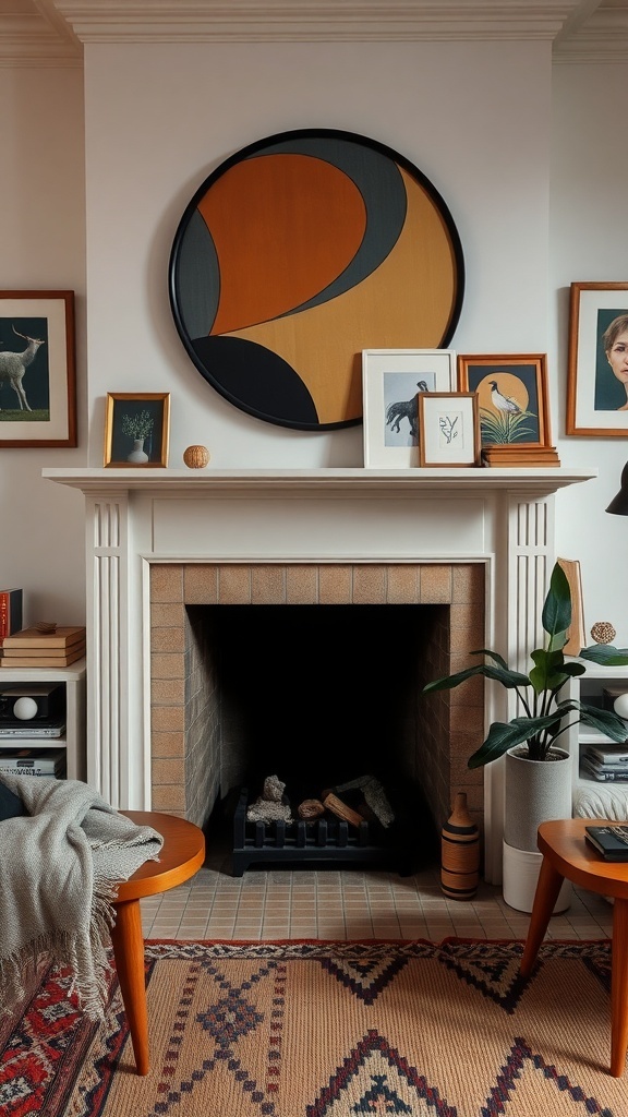 A mid-century modern fireplace with geometric artwork above, surrounded by framed pictures and a plant, creating a cozy atmosphere.